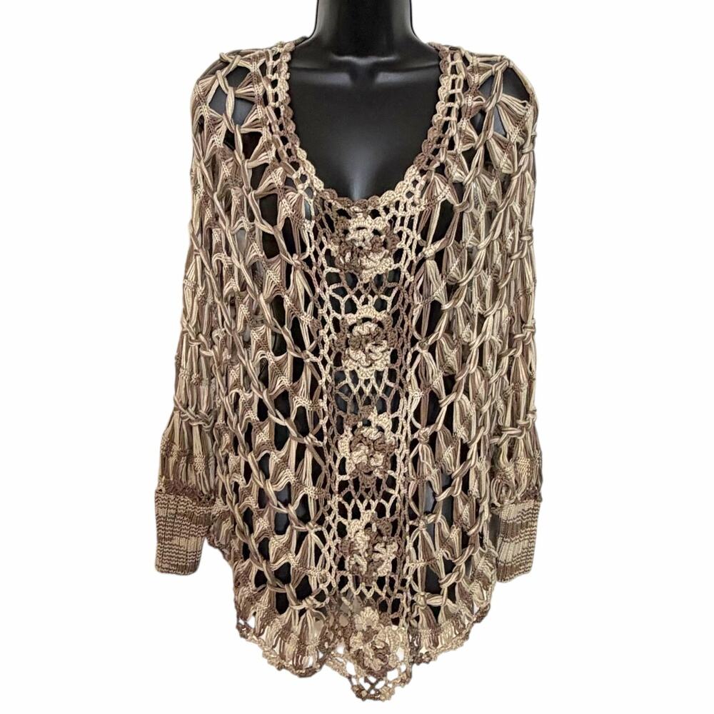 SOUTH MAIN WESTERN CROCHET LACE SHAWL TUNIC TOP L XL FLORAL FESTIVAL BOHO CHIC